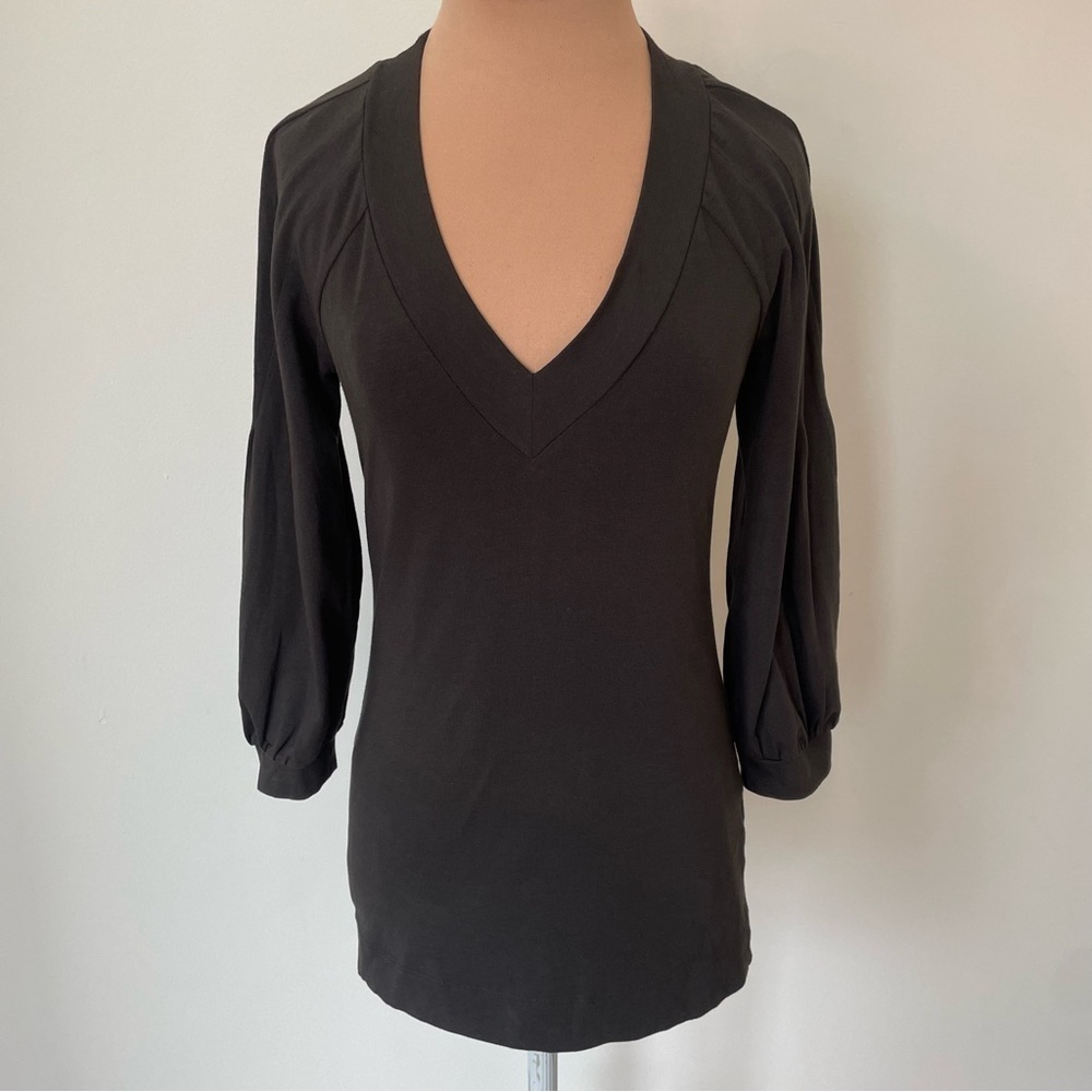 Theory V-Neck 3/4 Bubble Sleeve Stretch Cotton Gray Top 80674548 EUC Size XS